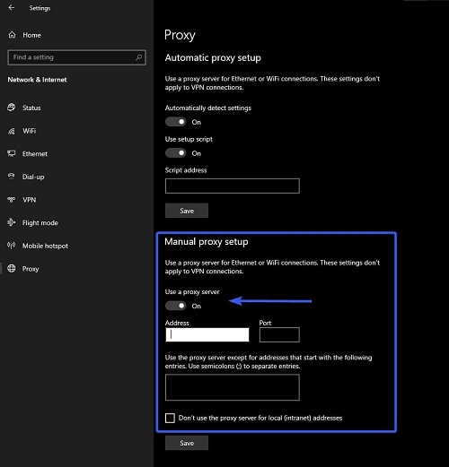 Manual Proxy Setup”